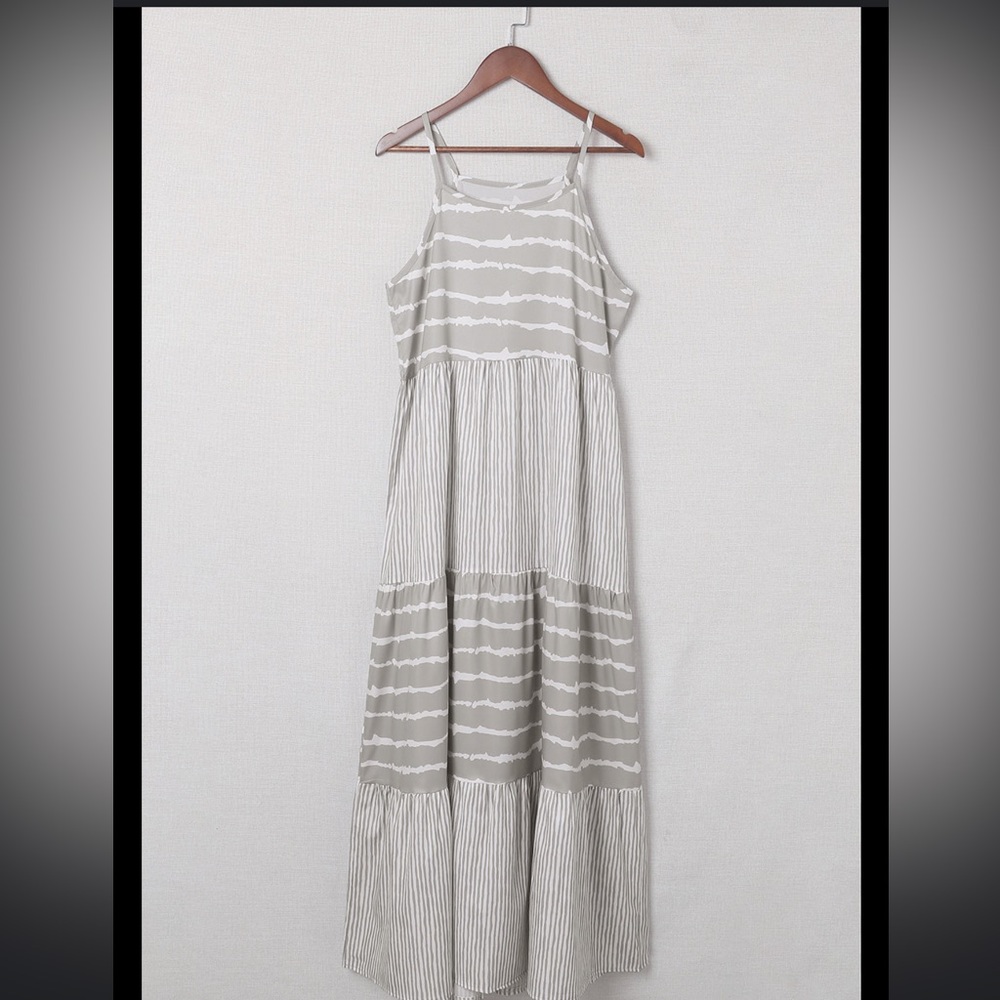 NWOT Gray Striped Spaghetti Strap Long Dress